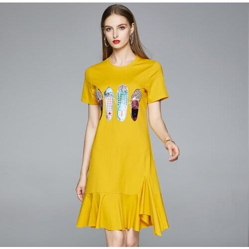 New T-shirt Dress Women Summer 2021 Fashion Casual Print Embroidered Flares Basics Easy To Match Short Sleeve Ruffles Mini Dress