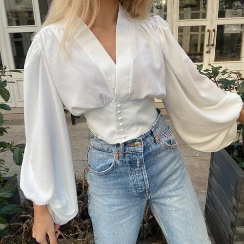 ZXQJ Vintage Women Oversize Satin Shirts 2021 Summer Fashion Ladies V Neck Chic Tops Loose Female Stylish Shirt Girls Casual