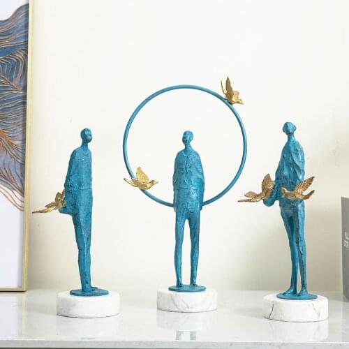 Modern Abstract Blue Character Gold Birds Figure Metal Statue Home Hotel Marble Craft Room Decor Objects Office Sculpture Gift