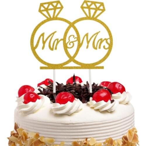 Cake Topper Diamond Ring Mr & Mrs Wedding Glittler Paper Cake Flags Wedding Engagement Decoration Party Cupcake Baking Decor New