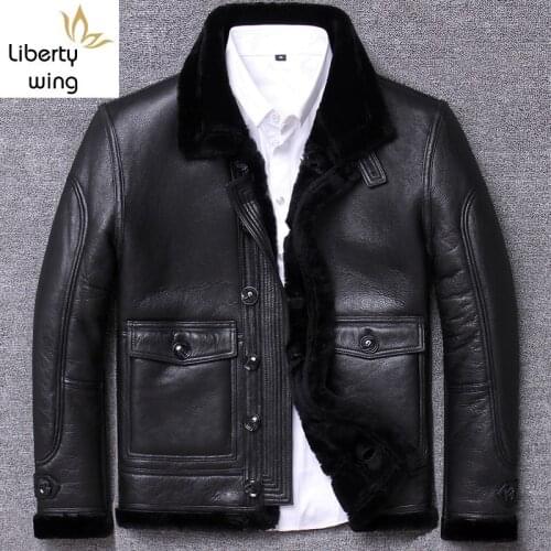 High Quality Sheep Shearing Winter Warm Mens Real Fur Jackets Genuine Leather Long Sleeve Single Breasted Slim Coats Plus Size