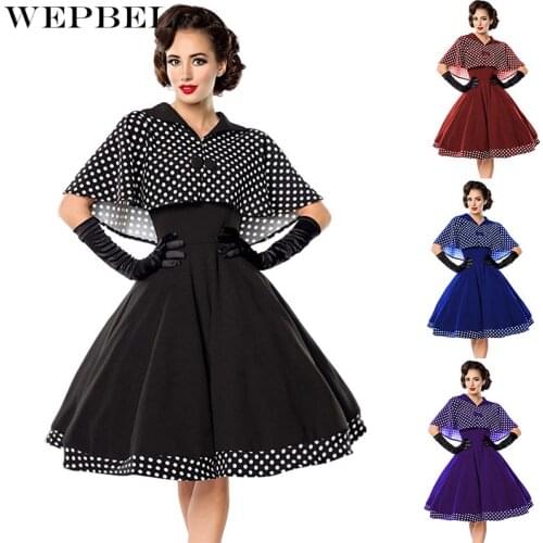 WEPBEL Vintage Hepburn Cloak + Dresses Women 2 Pieces Polka Dot Elegant Black Cape Lady Retro Short Dress Set