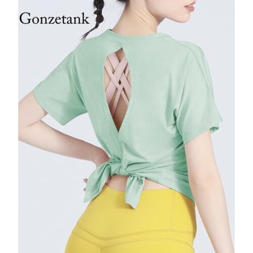 New Backless Self-Cultivation Yoga Top Lace Up Breathable Quick-Drying Running Fitness Sports Short Sleeve T-Shirt Womens