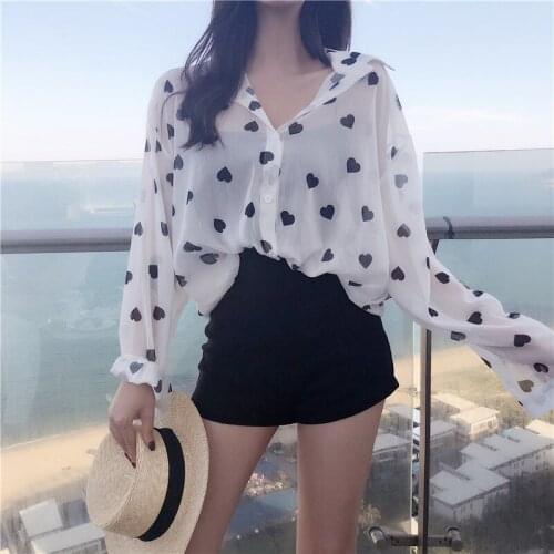 2019 Autumn New Fashion Women Shirts Loose Casual Long Blouse Heart Printing Girls Cute Blouse Summer Tops Chemise Camisa
