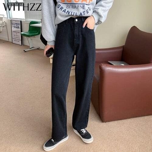 WITHZZ Autumn Winter Womens Retro Black High Waist Trousers Straight Thin Fleece Asian Size Warm Jeans