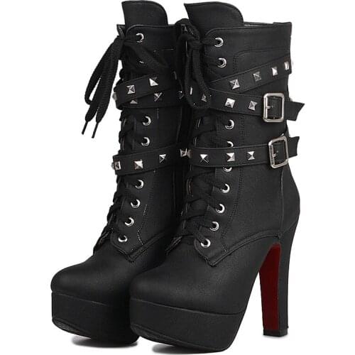 Womens Retro Belt Buckle With Rivet Roman Shoes Fashion Motorcycle Ankle Boots Chunky High Heels Platform Pumps 12cm