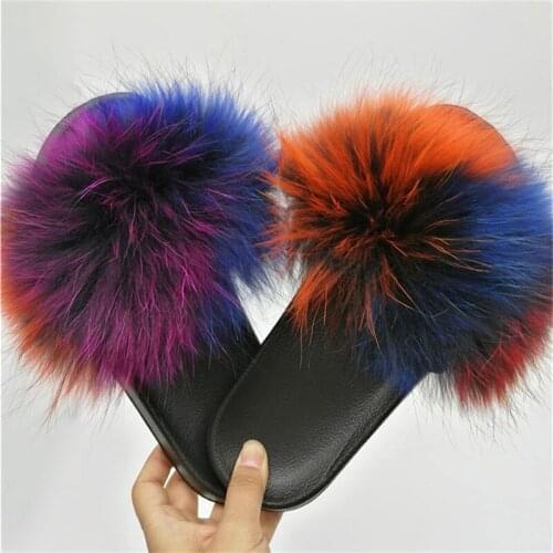 Ladies Autumn And Winter Warm Fox Fur Slippers Fashion Home Plush Fur Flip Flops Women Fluffy Indoor Fur Slides Brand Fur Shoes