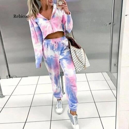 Female Autumn Zipper Dyeing Crop Sweatshirt Tie-dye Track Pants Set Women Street Two Piece Sweatpants Set Active Wear Outfits
