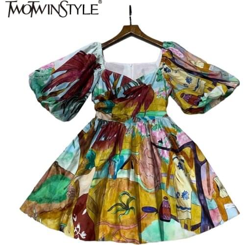 TWOTWINSTYLE Print Ball Gown For Women V Neck Puff Short Sleeve High Waist Mini Dresses Female 2021 Summer Fashion Clothing Tide