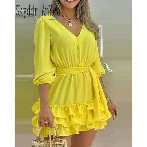 Womens Summer Dress 2021 V-Neck Mini Yellow Elegant Dresses Slim A-Line Ladies Casual Dress