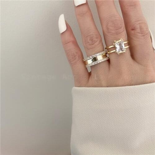 Vintage Creative Shiny Crystal Rhinestone Open Rings for Women Femme Gold Color Alloy Layered Adjustable Wide Charm Ring Jewelry