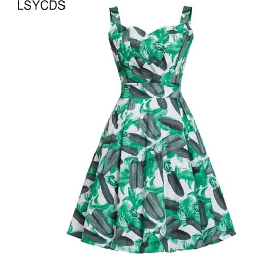 LSYCDS Rockabilly Summer Green Luffa Print Women Sweetheart Neck 50s 60s Spaghetti Strap Unique Retro Dresses