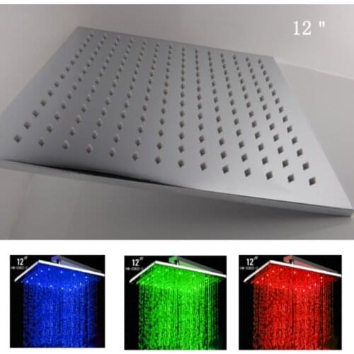 12 Inch 30x30CM Square Solid Brass LED Rain Shower Head Chrome Bathroom Ceiling Sprayer