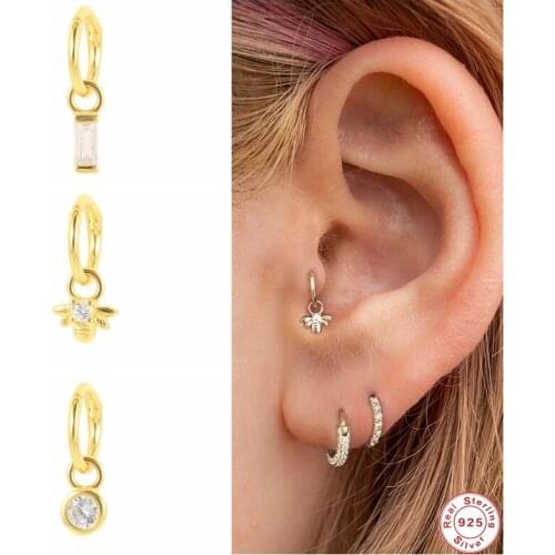 GS 1PC 925 Sterling Silver Zircon Bee Charm Hoop Earrings Rectangle Crystal Pendant Circle Piercing Cartilage Hoop Pendientes