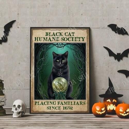 Black Cat Humane Society Placing Familiar 1692 Halloween Poster, Salem Cat Halloween Art, Halloween Poster Witch & Cat Print