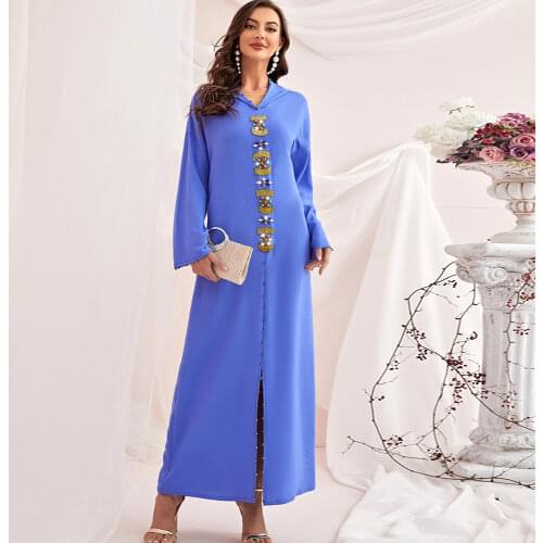 BA304 Navy Blue Hooded Long Dress For Woman Abaya Dubai Evening Clothes Muslim Diamonds Robe For Tall 2021 Luxury Moroccan Robe