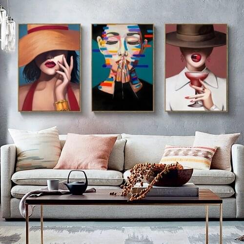 Euro American Style Fashion Shop Living Room Decorative Painting Women with Hats Artistic Figure Hotel Apartment Wall Poster