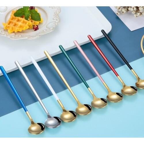 Long Handled Titanium-plated Stainless Steel Coffee Spoon Round Head Ice Cream Dessert Tea Spoon For Picnic Kitchen Accessories