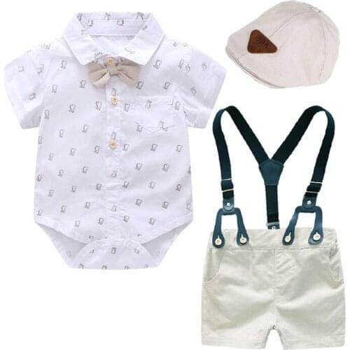 Baby Boy Clothes Newborn Romper Set Plaid Cap + White Romper + Shorts + Belt Cotton 3-24 Months Summer Suit