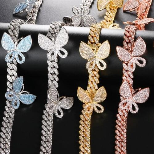 Freewear New 12mm Bling Blue Butterfly Pendant Cuban Chain Necklace Luxury Hip Hop Jewelry Butterfly Gold Silver Color Necklace