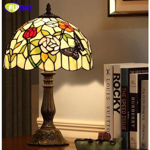 FUMAT Wedding Vintage Bedside Table Lamp Creative European Stained Glass Lightings For Living Room Pastroal Dimmer Table Lamps