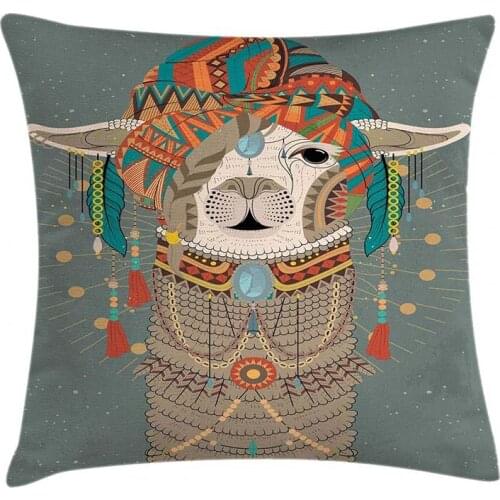 Llama Cotton Linen Throw Pillow Cushion Cover, Colorful Headwear Wearing Llama with Accessories Earrings Necklace Abstract Anim