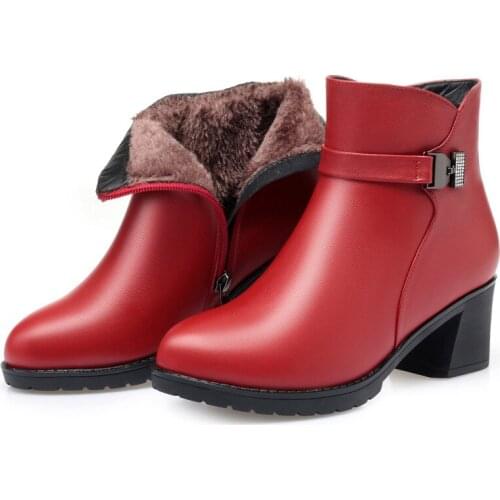 New Full Cowhide Red Wedding Shoes Woman Fashion Boots Ankle Boots Large Size Warm Winter Boots Plush / Wool Women Leather Boots
