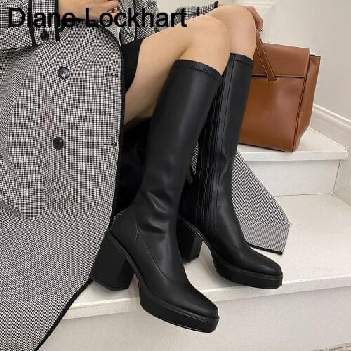 New Winter Warm Knee High Boots Soft Leather Thigh High Boot Shoes INS Fashion Women 8cm Black Block High Heels Long Bottes