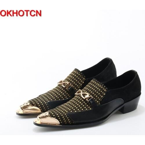 OKHOTCN Men Leather Shoes Black pointed Toe shoes Gold Patchwork Men Dress Shoes Fashion Formal Oxford Men Wedding casual Shoes