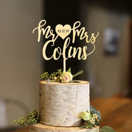 Custom Mr Heart Mrs Name Cake Topper with Engraved Date on Heart, Last Name Cake Topper, Unique Personalized Cake Topper