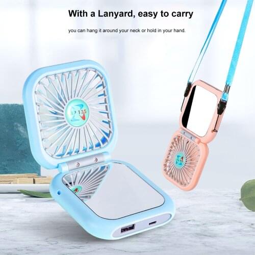 Portable Mini Fan Handheld Foldable Fans Makeup Mirror With Fans Lanyard Power Bank Electric Fan Mini Air Cooler Ventilador