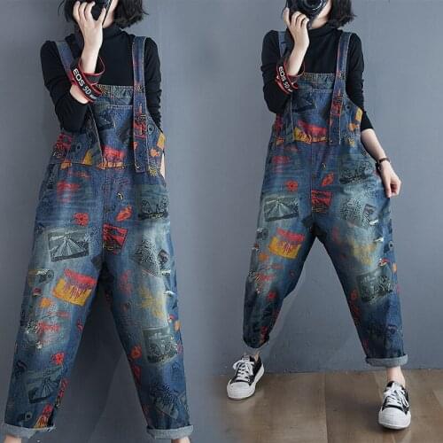 Print Straight Denim Bib Women 2021 Slim Korean Pants Jeans Loose Wide-leg Nine-point Overalls Jumpsuit Trousers