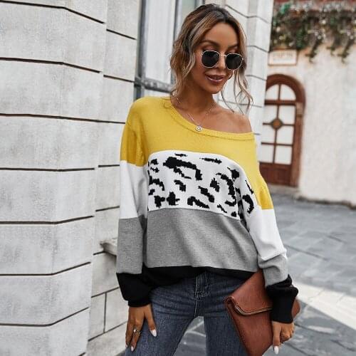 Sale Color Block Women Pullover Sweater Long Sleeve Patchwork Pullover Knit Sweater Winter Leopard Print Lady Causal Jumper D30
