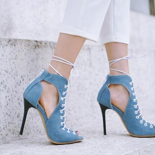 Big Size High heels sandals women shoes woman summer ladies Cusp zipper Tie-up sandals with thin heels