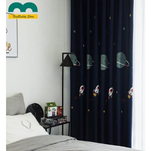 Cartoon Embroidered Curtains for Childrens Bedroom Living Room Boy Navy Blue High Shading Drapes Good Sleep Kids Customized