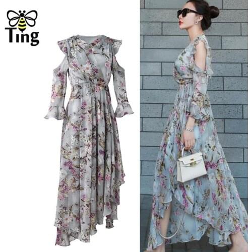 Tingfly Summer Vintage Floral Print Asymmetrical Midi Long Dresses Chiffon Ruffles Vestidos Bohemian Beach Holiday Dress Elbise