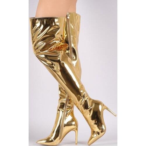 Women Extremely Sexy Bling Bling Champagne Gold Silver Patent Leather Boots Pointed Tod Over-the-knee Tall Boots Thin High Heels