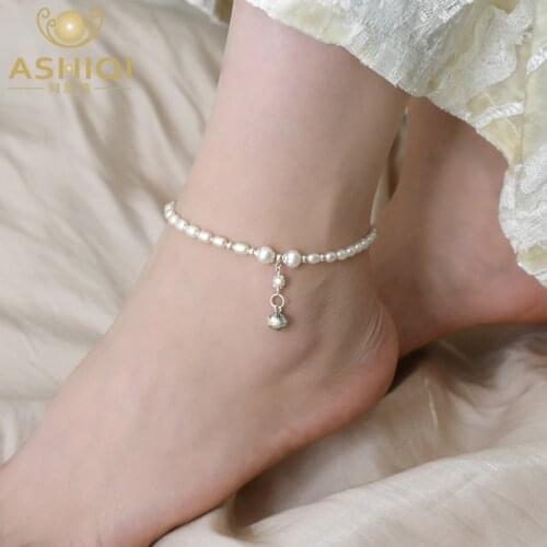 ASHIQI Real Natural Freshwater Pearl 925 Sterling Silver Bell Anklet Fashion Anklet Jewelry for Women