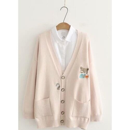 Korean Womens Cardigan Black Beige Embroidered Fox Top V-neck All-match Button Knitted Sweater 2021 Spring Autumn New