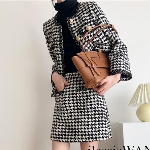 Heydress Korean Houndstooth Vintage Suits Women 2 Piece Set Knitted Cardigan Coat + Bodycon Skirts Suits Casual Office Lady Sets