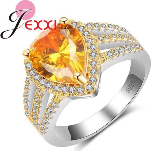 Luxury Water Drop Cubic Zirconia Yellow Jewelry 925 Sterling Silver Finger Rings for Women Engagement & Wedding
