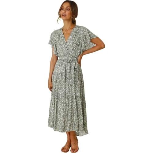 Summer Dress For Women 2021 Floral Print V Neck Butterfly Sleeve High Waist Mid-Calf Dresses Casual Holiday Dress Robe Femme