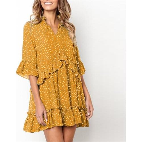 UZZDSS Ruffles Yellow Polka Dot Dress Women 2021 Summer Sweet V Neck Printed Flare Half Sleeve Mini Dress Female Retro Dresses