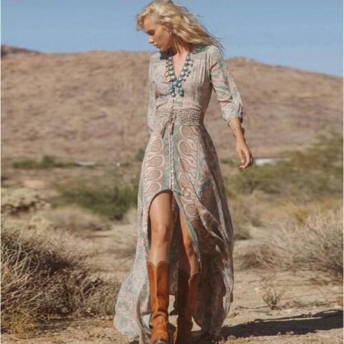 Womens Clothing 2021 New Summer Fashion V-Neck Vintage Print Chiffon Dress Three-quarter Sleeve Dresses Female