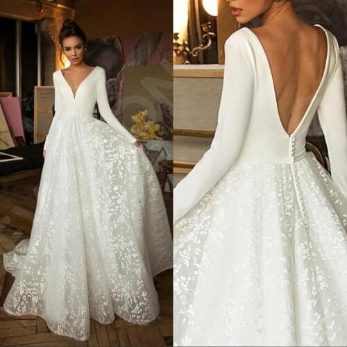 Boho Modern Long Sleeve Wedding Dresses V Neck Covered Button Backless Lace Train Bridal Gown Vestido de Novia