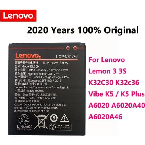 100% Original BL259 BL-259 2750mAh Phone Battery For Lenovo Lemon 3 3S Vibe K5 / K5 Plus / A6020a40 A6020 a40 A6020a46 Bateria