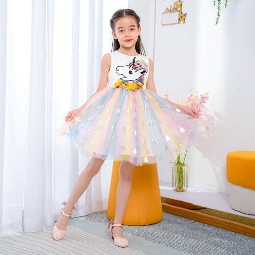 2021 European and American Unicorn Dress Rainbow Mesh Princess Dress Korean Version of The Girl Dress