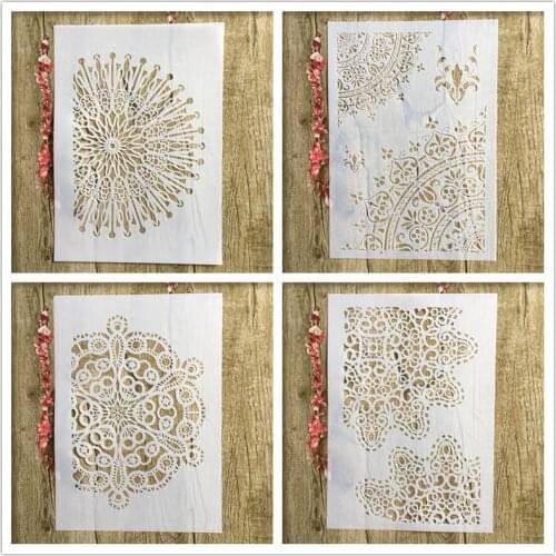 4Pcs/A4 Round Flower Floral DIY Layered Stencil Crayon Painting Scrapbook Coloring Embossed Photo Album Decoration Card Template
