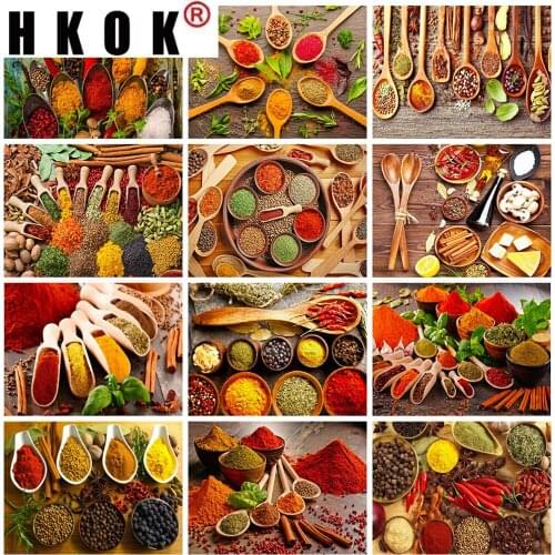 HKOK 5D DIY Diamond Painting Seasoning Full Square Diamond Embroidery Kitchen Mosaic Picture Of Rhinestones Home Decoration