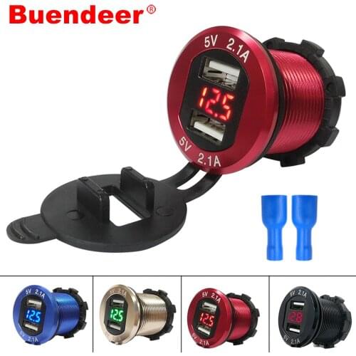 Buendeer Aluminum 2.1A Dual USB Charger Power Outlet Cigaretter lighter Adapter With LED Digital Voltmeter for 12-24V Car
